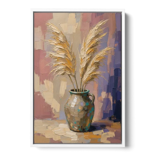 Boho Botanical Pampas Plumes in a Stoneware Jug - White Framed Canvas Wall Art - Front