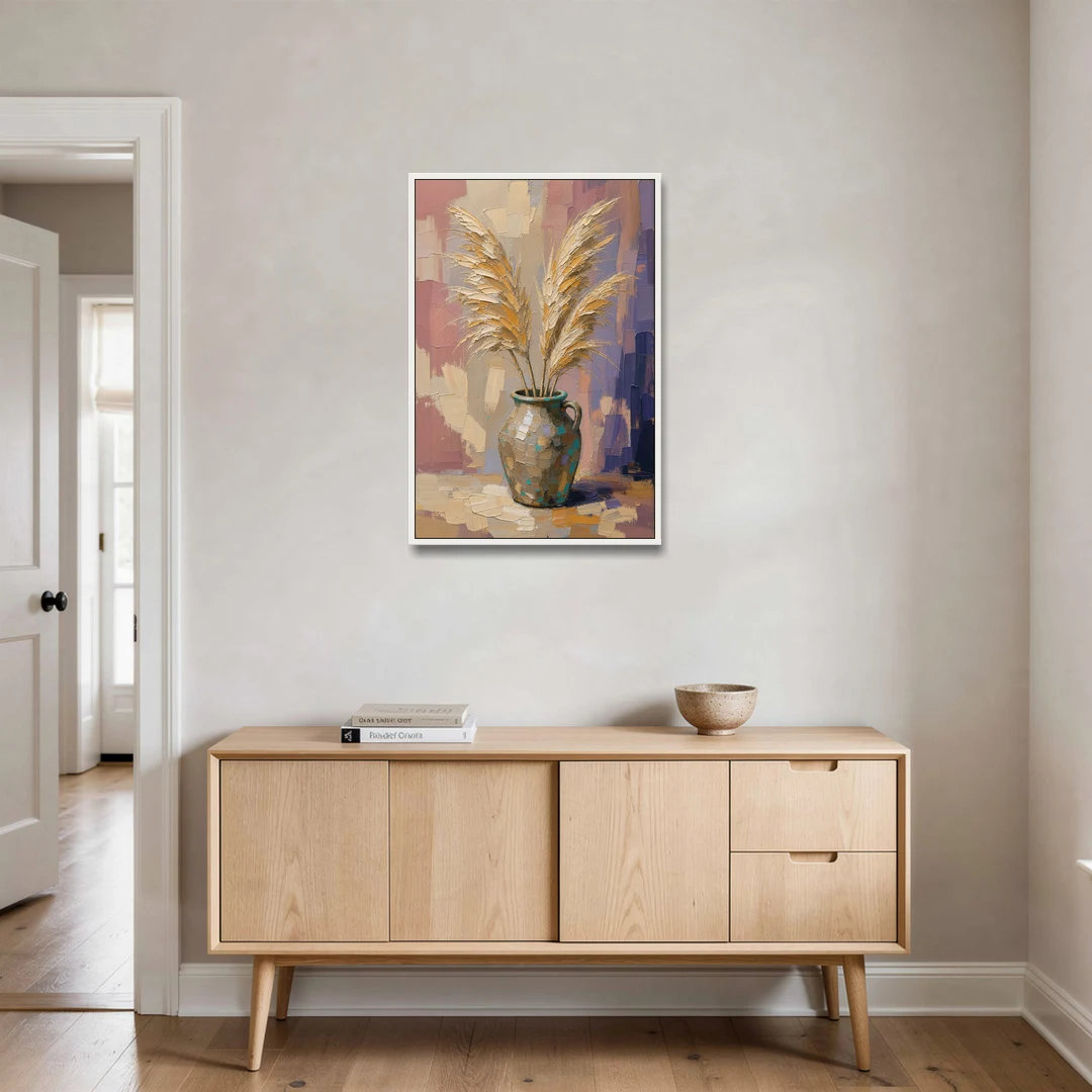 Boho Botanical Pampas Plumes in a Stoneware Jug - White Framed Canvas Wall Art - Coffee Table - 24x36