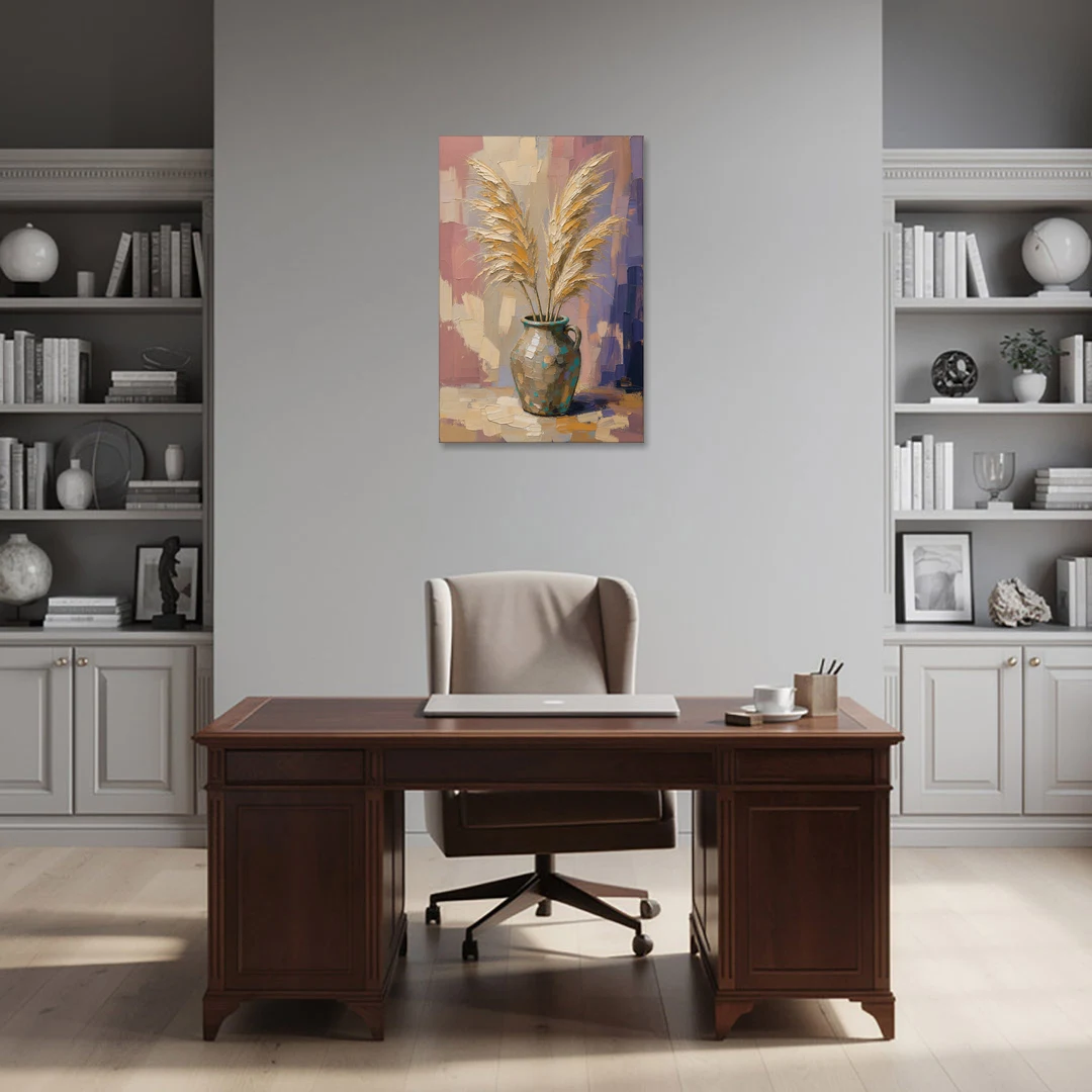Boho Botanical Pampas Plumes in a Stoneware Jug - Canvas Wall Art - Office - 24x36