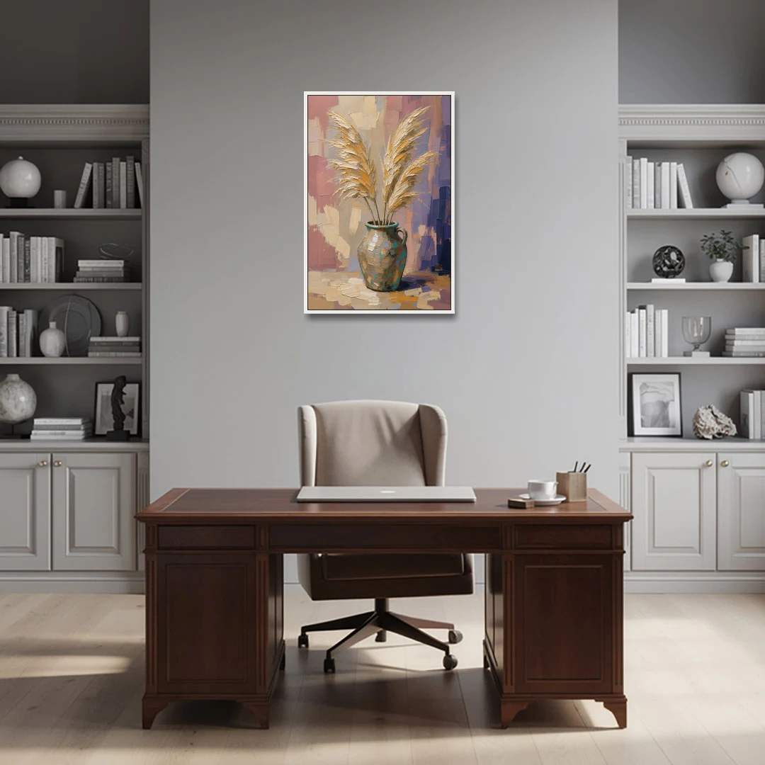 Boho Botanical Pampas Plumes in a Stoneware Jug - White Framed Canvas Wall Art - Office - 24x36
