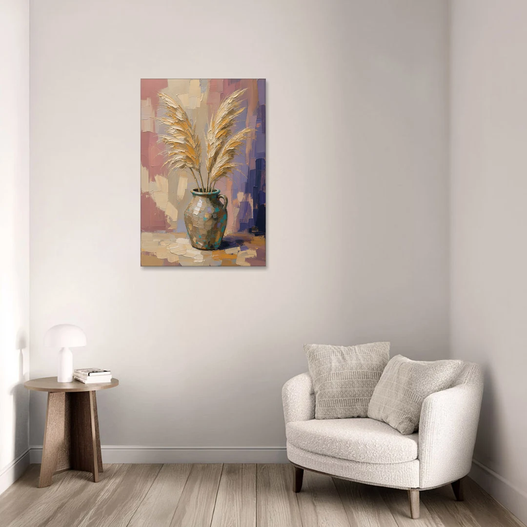 Boho Botanical Pampas Plumes in a Stoneware Jug - Canvas Wall Art - Sofa - 24x36
