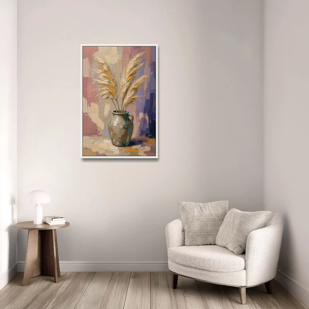 Boho Botanical Pampas Plumes in a Stoneware Jug - White Framed Canvas Wall Art - Sofa - 24x36