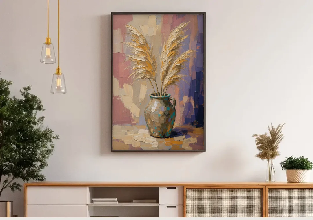 Boho Botanical Pampas Plumes in a Stoneware Jug canvas wall art above a wooden sideboard under pendant lights