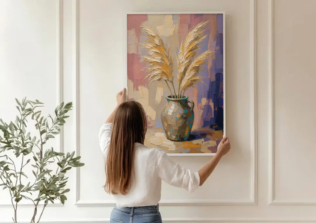 Boho Botanical Pampas Plumes in a Stoneware Jug canvas wall art being hung on a paneled wall