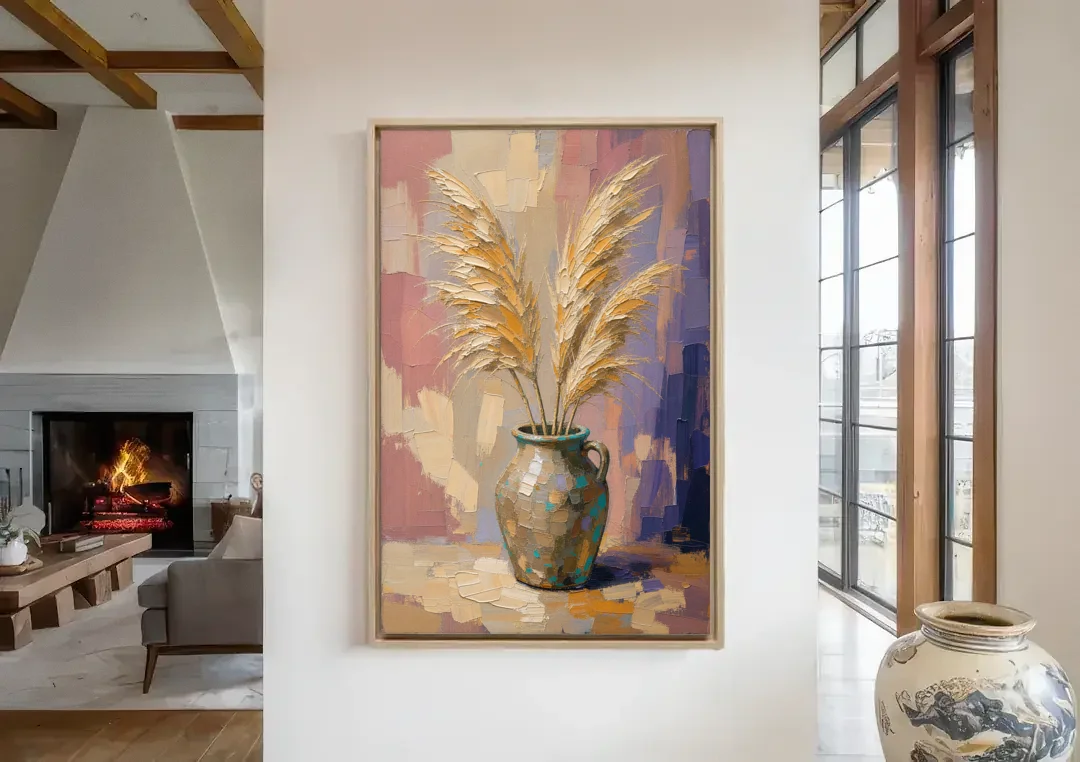 Boho Botanical Pampas Plumes in a Stoneware Jug canvas wall art in a living room with a fireplace