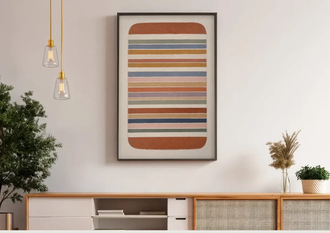 Boho Canvas Prints of Woven Blanket Stripes canvas wall art above a wooden sideboard under pendant lights