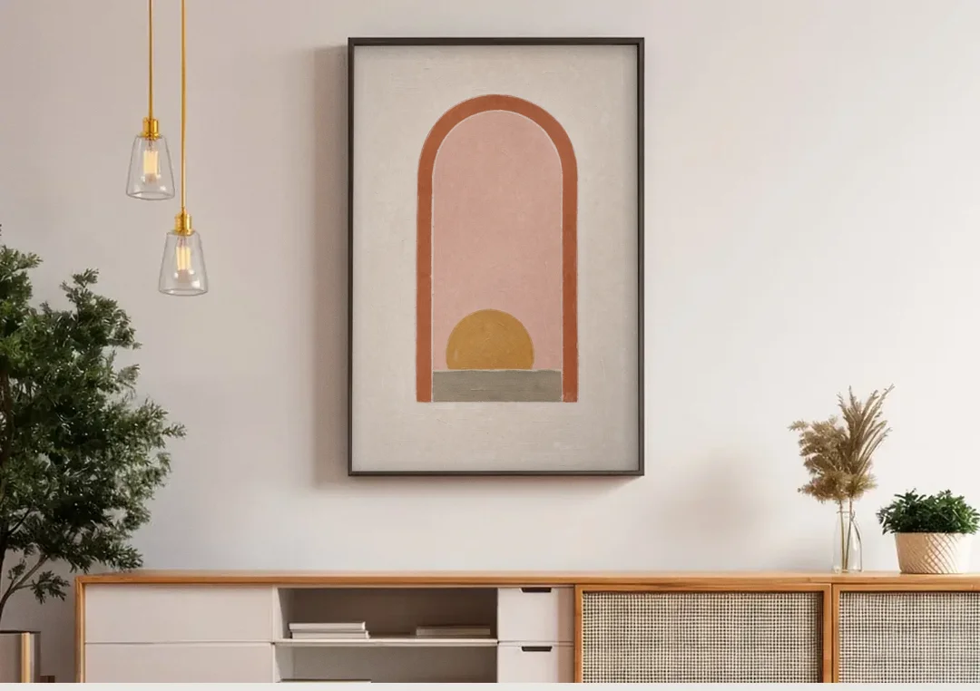 Boho Entryway Decor with Sun in a Tall Arch canvas wall art above a wooden sideboard under pendant lights