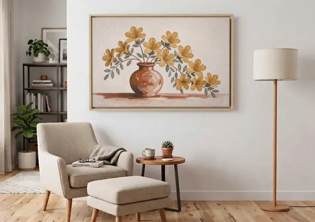 Boho Floral Wall Art with Mustard Azaleas canvas wall art above an armchair in a bright living room