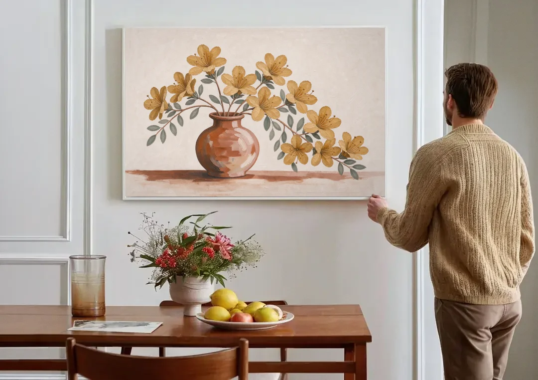 Boho Floral Wall Art with Mustard Azaleas canvas wall art above a dining table
