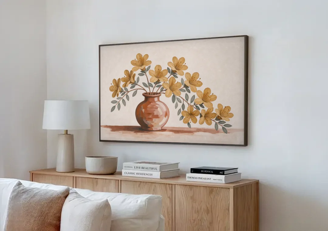 Boho Floral Wall Art with Mustard Azaleas canvas wall art above a wooden sideboard next to a sofa