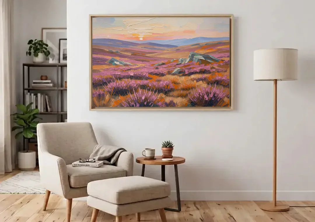 Boho Heather Moor at Sunset canvas wall art above an armchair in a bright living room