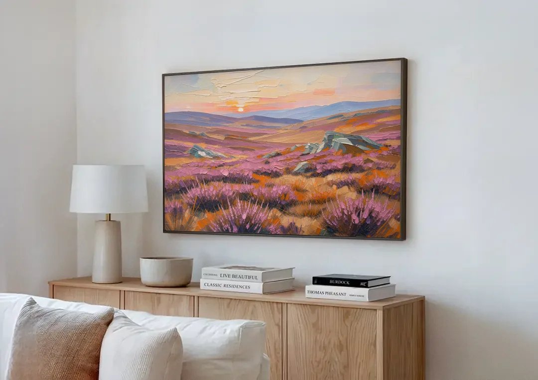 Boho Heather Moor at Sunset canvas wall art above a wooden sideboard next to a sofa