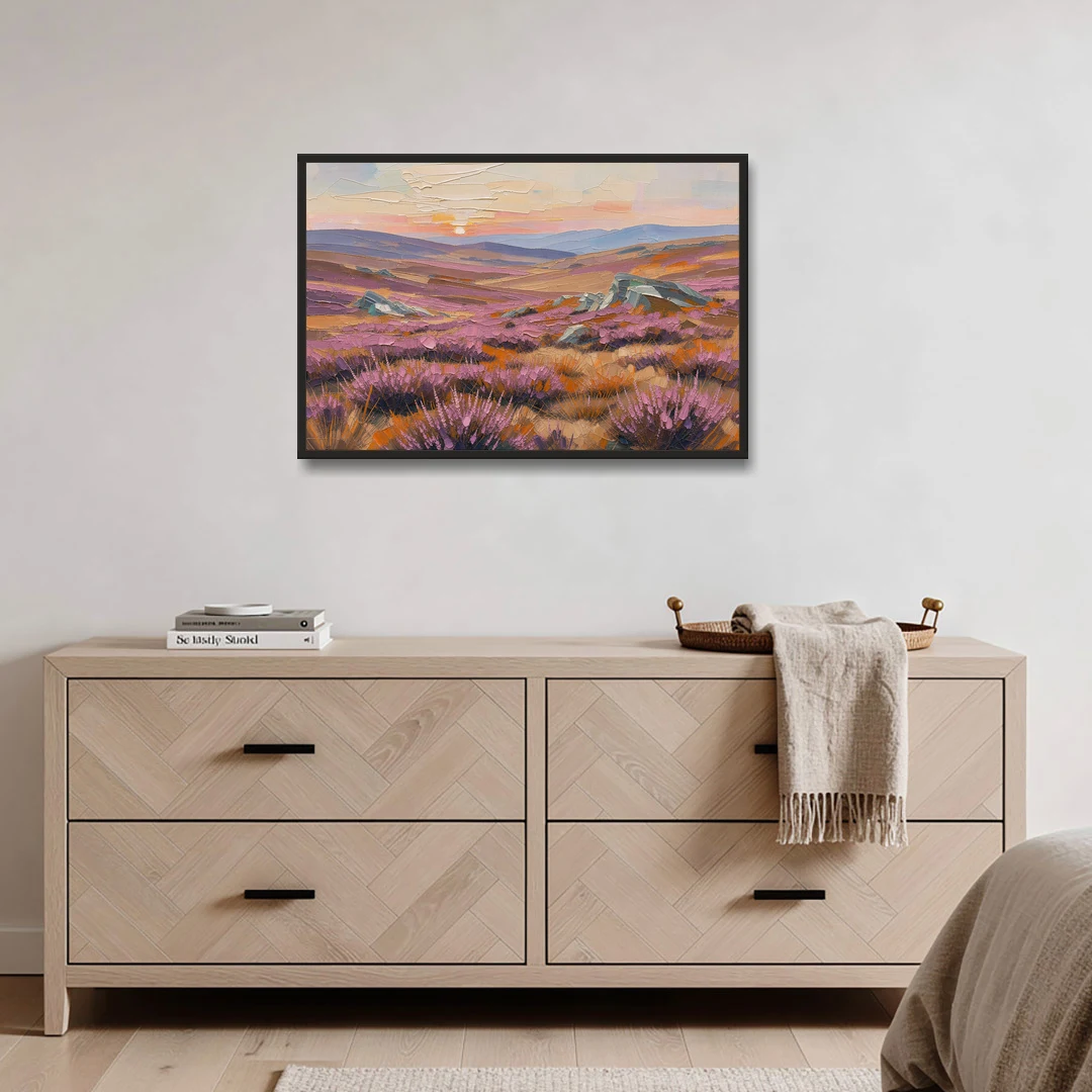 Boho Heather Moor at Sunset - Black Framed Canvas Wall Art - Coffee Table - 36x24