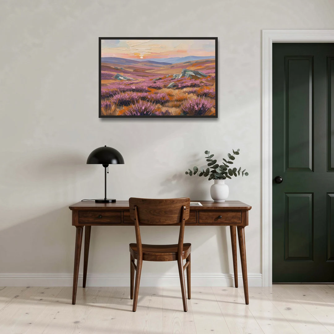 Boho Heather Moor at Sunset - Black Framed Canvas Wall Art - Office - 36x24