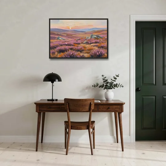 Boho Heather Moor at Sunset - Black Framed Canvas Wall Art - Office - 36x24