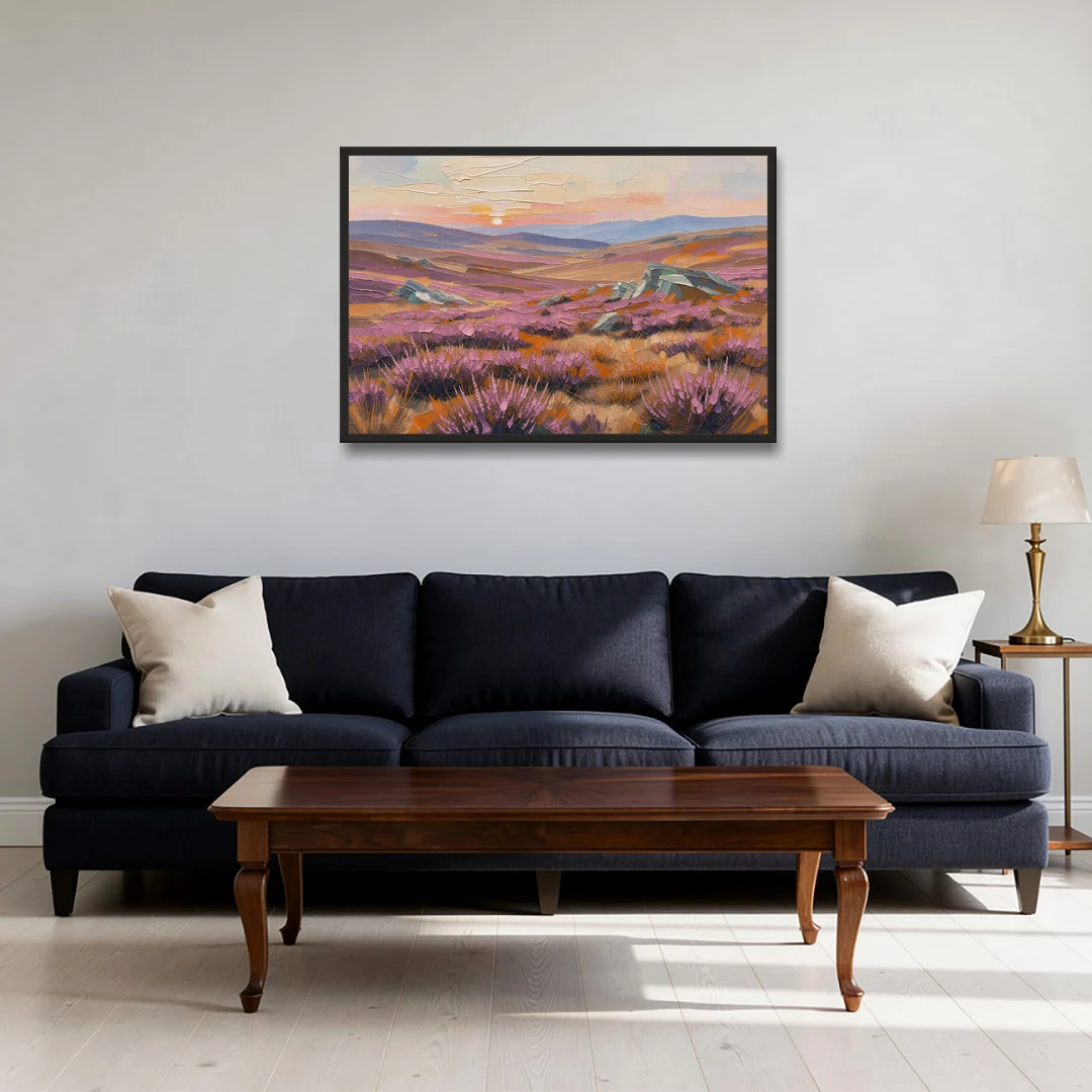 Boho Heather Moor at Sunset - Black Framed Canvas Wall Art - Sofa - 36x24