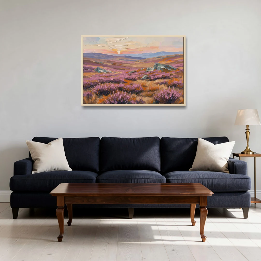 Boho Heather Moor at Sunset - Oak Framed Canvas Wall Art - Sofa - 36x24