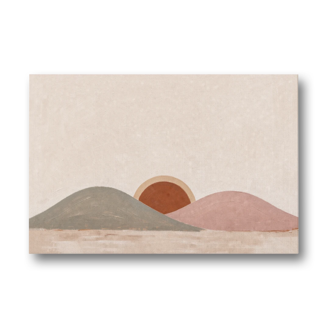 Boho Landscape Painting with Sun Between Hills - Canvas Wall Art - Front