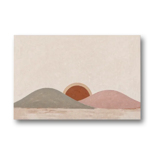 Boho Landscape Painting with Sun Between Hills - Canvas Wall Art - Front