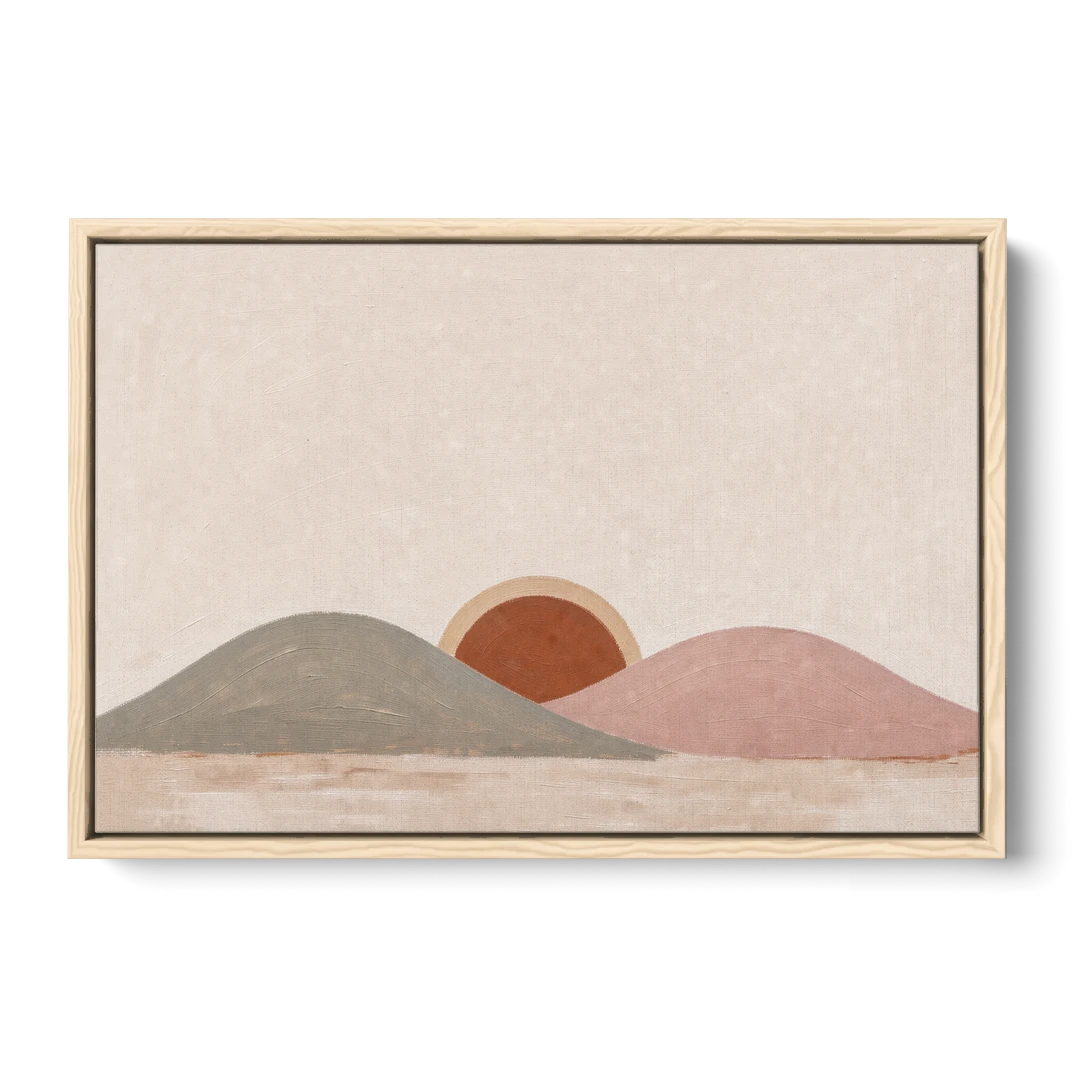 Boho Landscape Painting with Sun Between Hills - Oak Framed Canvas Wall Art - Front