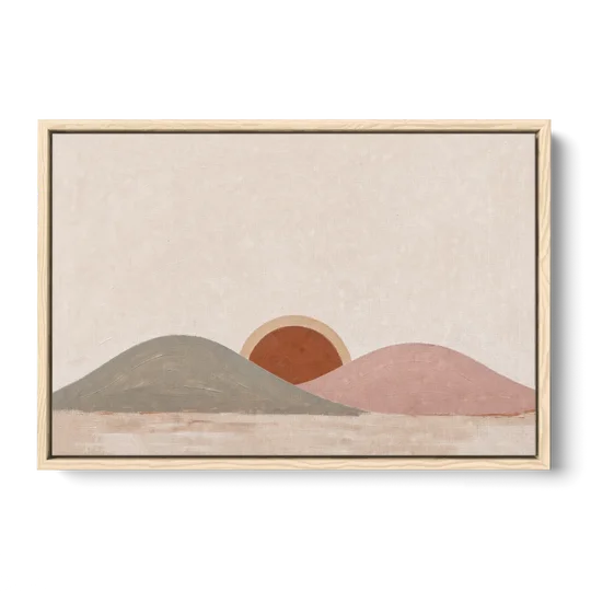 Boho Landscape Painting with Sun Between Hills - Oak Framed Canvas Wall Art - Front