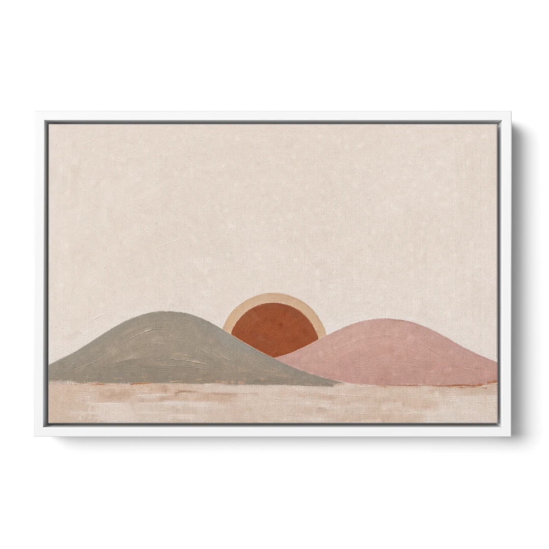 Boho Landscape Painting with Sun Between Hills - White Framed Canvas Wall Art - Front