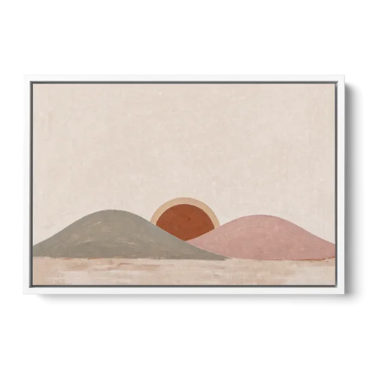 Boho Landscape Painting with Sun Between Hills - White Framed Canvas Wall Art - Front