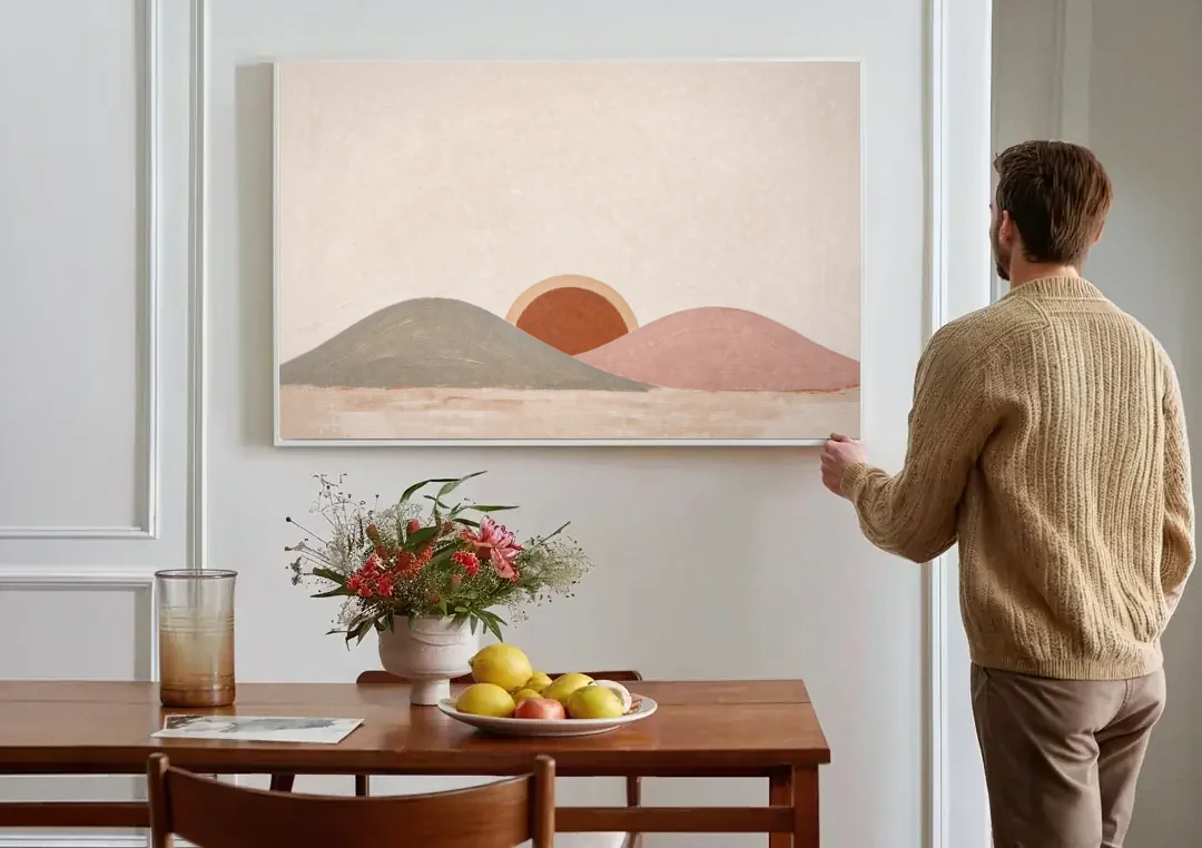 Boho Landscape Painting with Sun Between Hills canvas wall art above a dining table