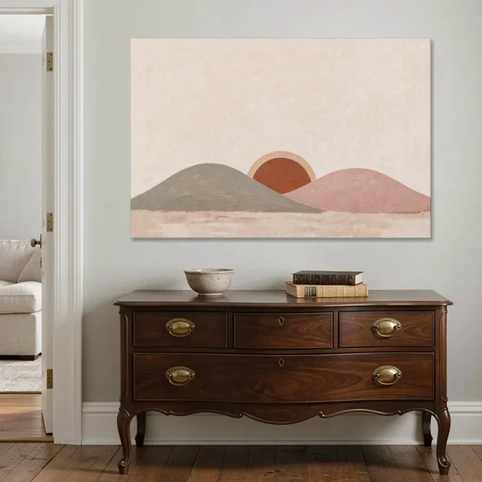 Boho Landscape Painting with Sun Between Hills - Canvas Wall Art - Coffee Table - 60x40