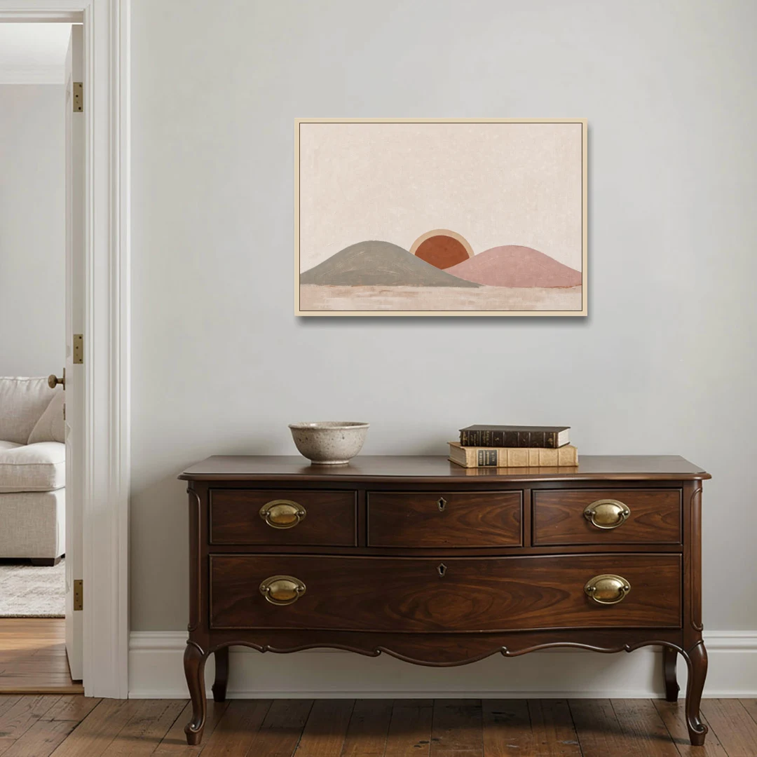 Boho Landscape Painting with Sun Between Hills - Oak Framed Canvas Wall Art - Coffee Table - 36x24