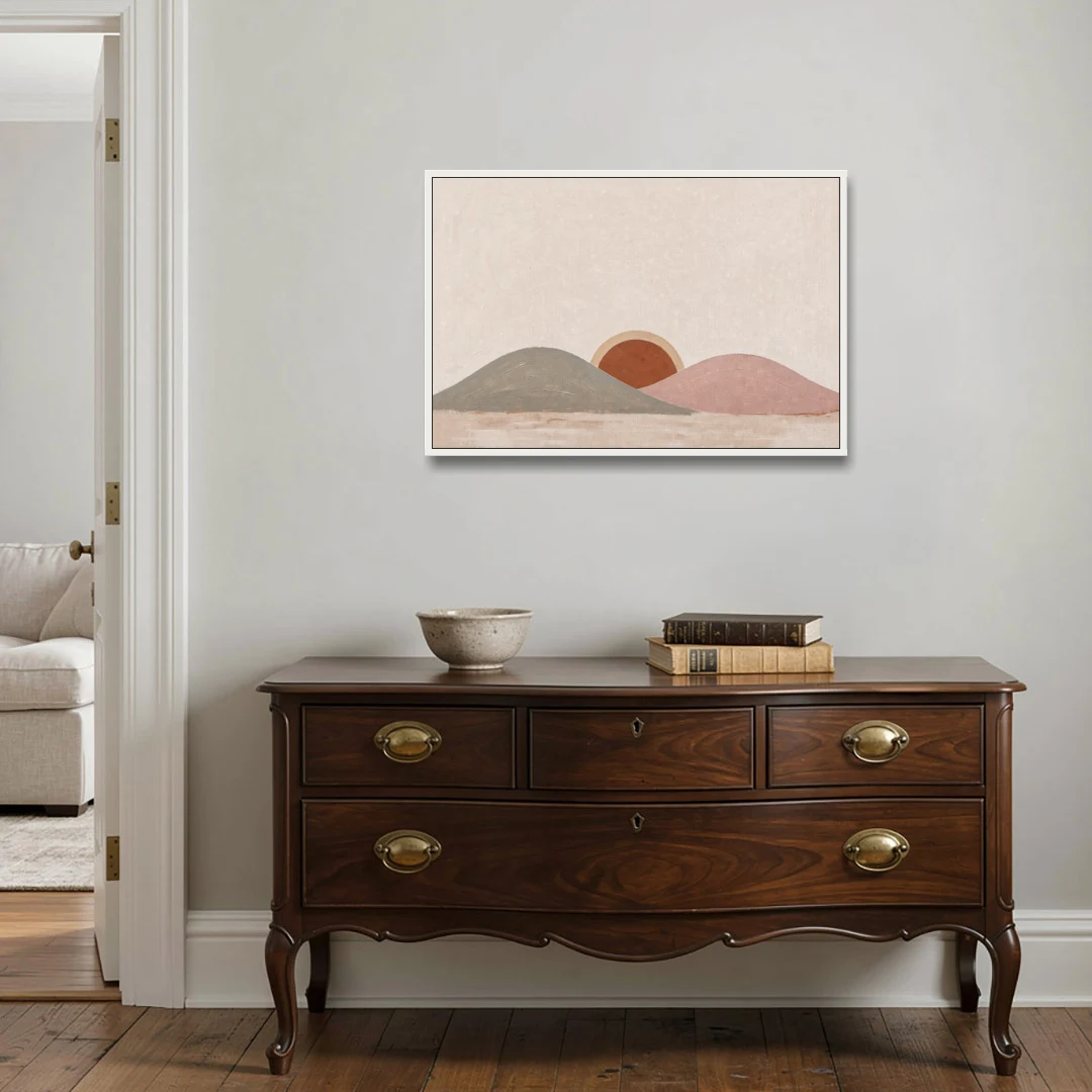 Boho Landscape Painting with Sun Between Hills - White Framed Canvas Wall Art - Coffee Table - 36x24
