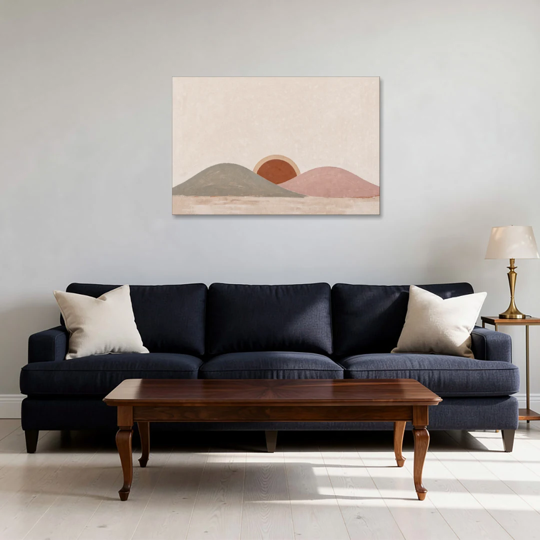 Boho Landscape Painting with Sun Between Hills - Canvas Wall Art - Sofa - 36x24