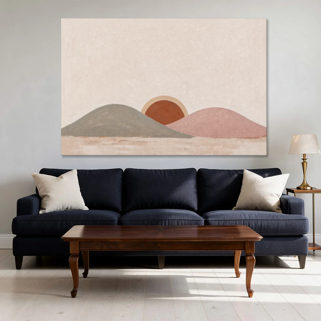 Boho Landscape Painting with Sun Between Hills - Canvas Wall Art - Sofa - 60x40