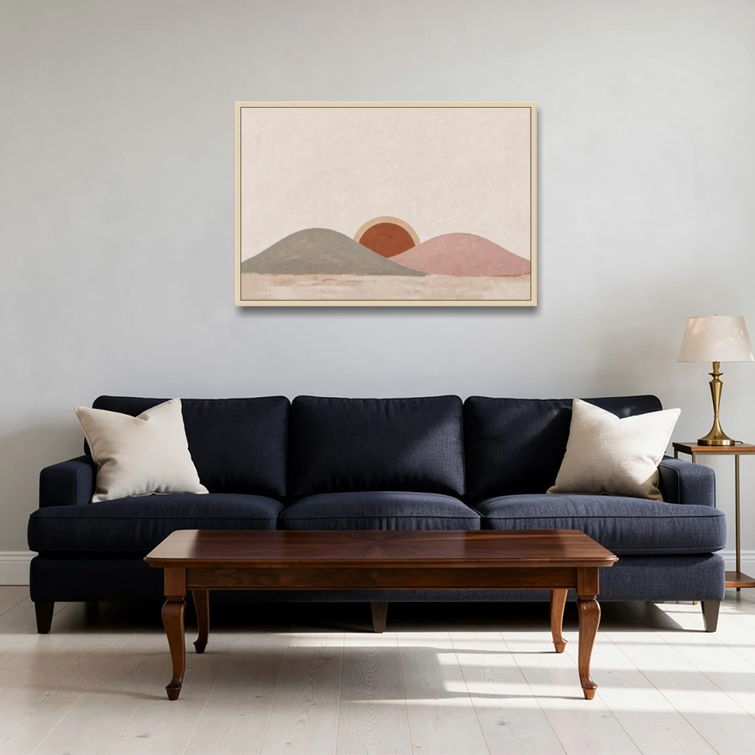 Boho Landscape Painting with Sun Between Hills - Oak Framed Canvas Wall Art - Sofa - 36x24