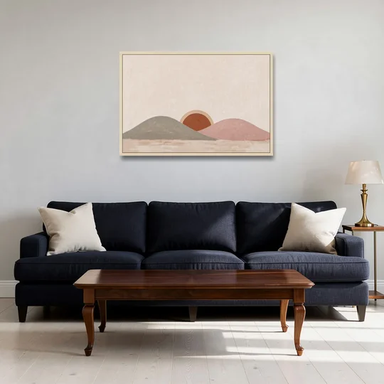 Boho Landscape Painting with Sun Between Hills - Oak Framed Canvas Wall Art - Sofa - 36x24