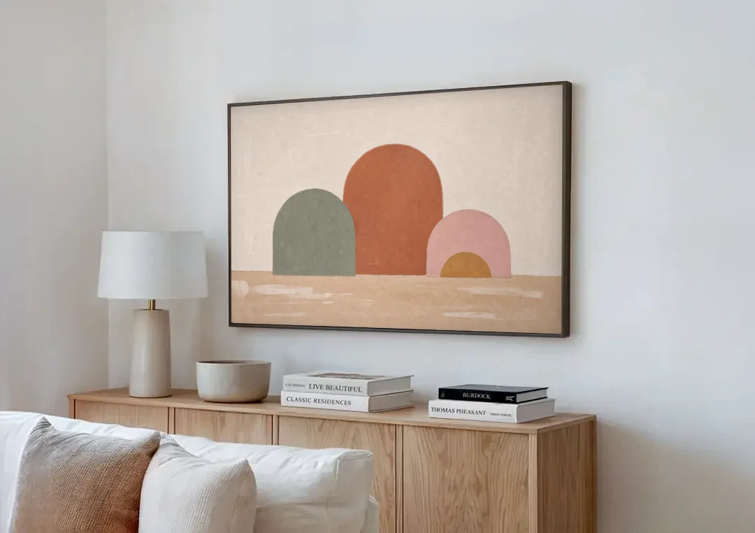 Boho Living Room Wall Art with Three Painted Arches canvas wall art above a wooden sideboard next to a sofa