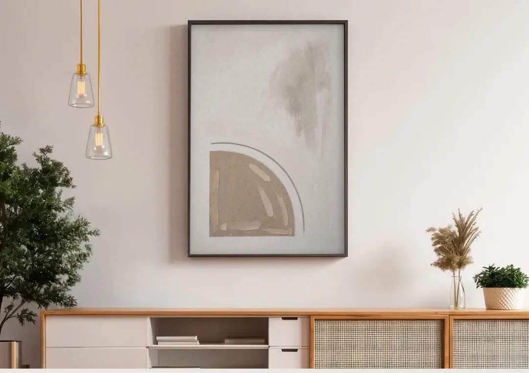 Boho Minimalist Adobe Quarter Circle Under an Ink Arc canvas wall art above a wooden sideboard under pendant lights