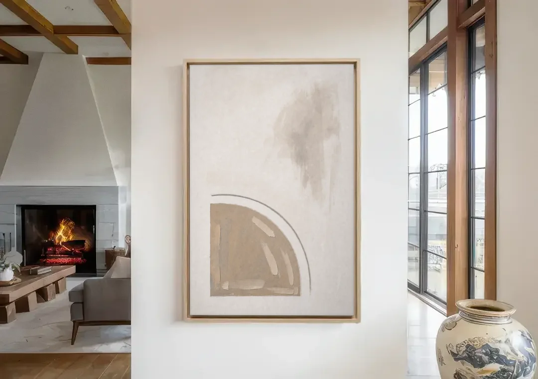 Boho Minimalist Adobe Quarter Circle Under an Ink Arc canvas wall art in a living room with a fireplace