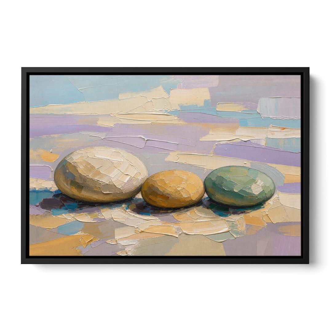Boho Neutral Pebble Trio in Ivory, Ochre and Sage - Black Framed Canvas Wall Art - Front