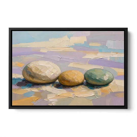 Boho Neutral Pebble Trio in Ivory, Ochre and Sage - Black Framed Canvas Wall Art - Front