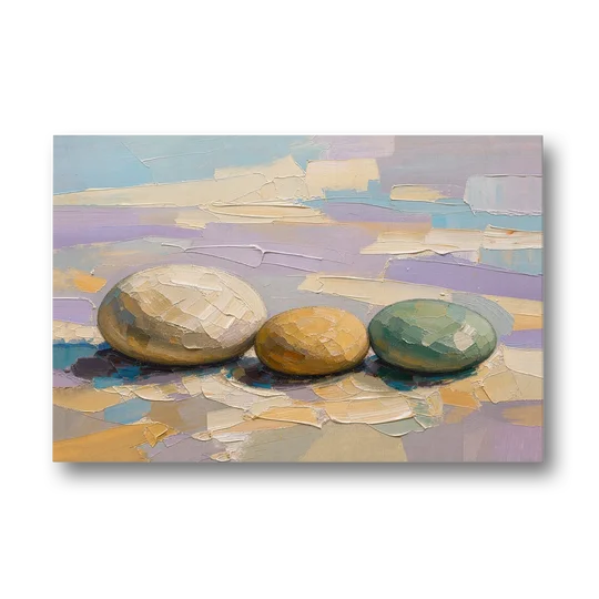 Boho Neutral Pebble Trio in Ivory, Ochre and Sage - Canvas Wall Art - Front