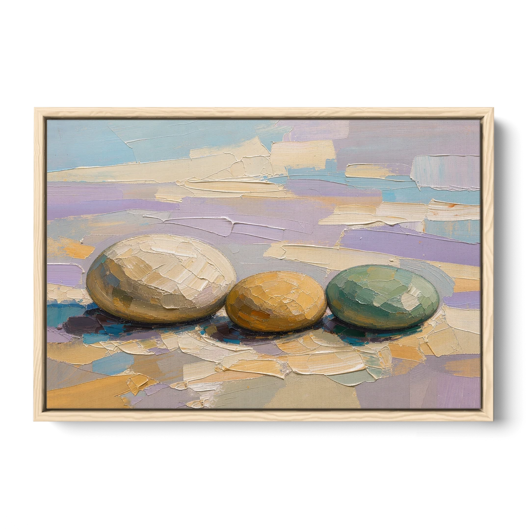 Boho Neutral Pebble Trio in Ivory, Ochre and Sage - Oak Framed Canvas Wall Art - Front