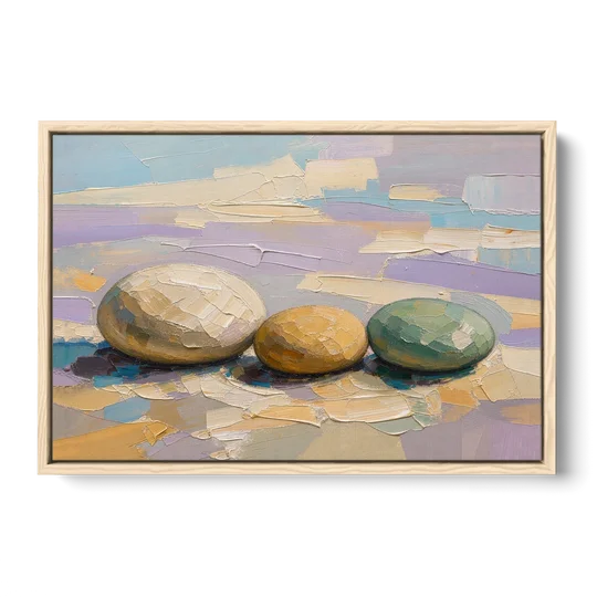 Boho Neutral Pebble Trio in Ivory, Ochre and Sage - Oak Framed Canvas Wall Art - Front