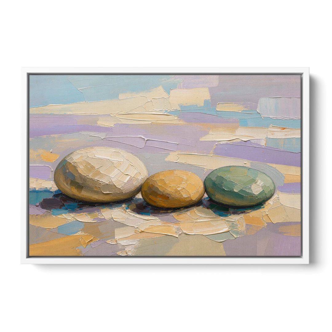 Boho Neutral Pebble Trio in Ivory, Ochre and Sage - White Framed Canvas Wall Art - Front