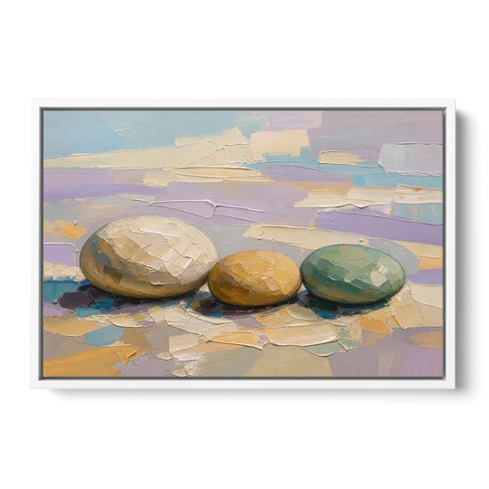 Boho Neutral Pebble Trio in Ivory, Ochre and Sage - White Framed Canvas Wall Art - Front