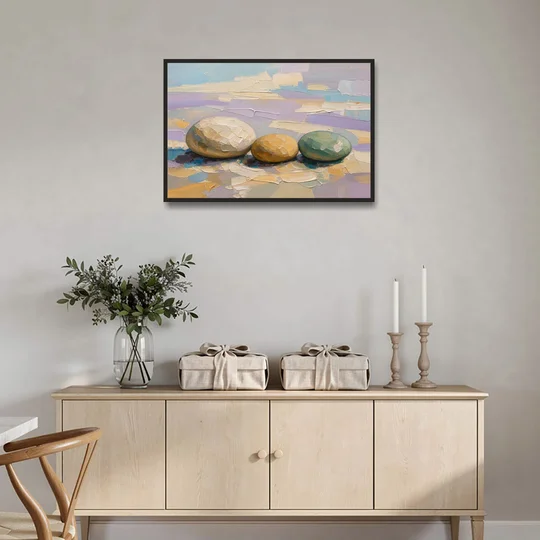 Boho Neutral Pebble Trio in Ivory, Ochre and Sage - Black Framed Canvas Wall Art - Coffee Table - 36x24