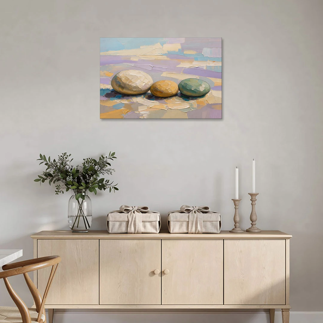 Boho Neutral Pebble Trio in Ivory, Ochre and Sage - Canvas Wall Art - Coffee Table - 36x24