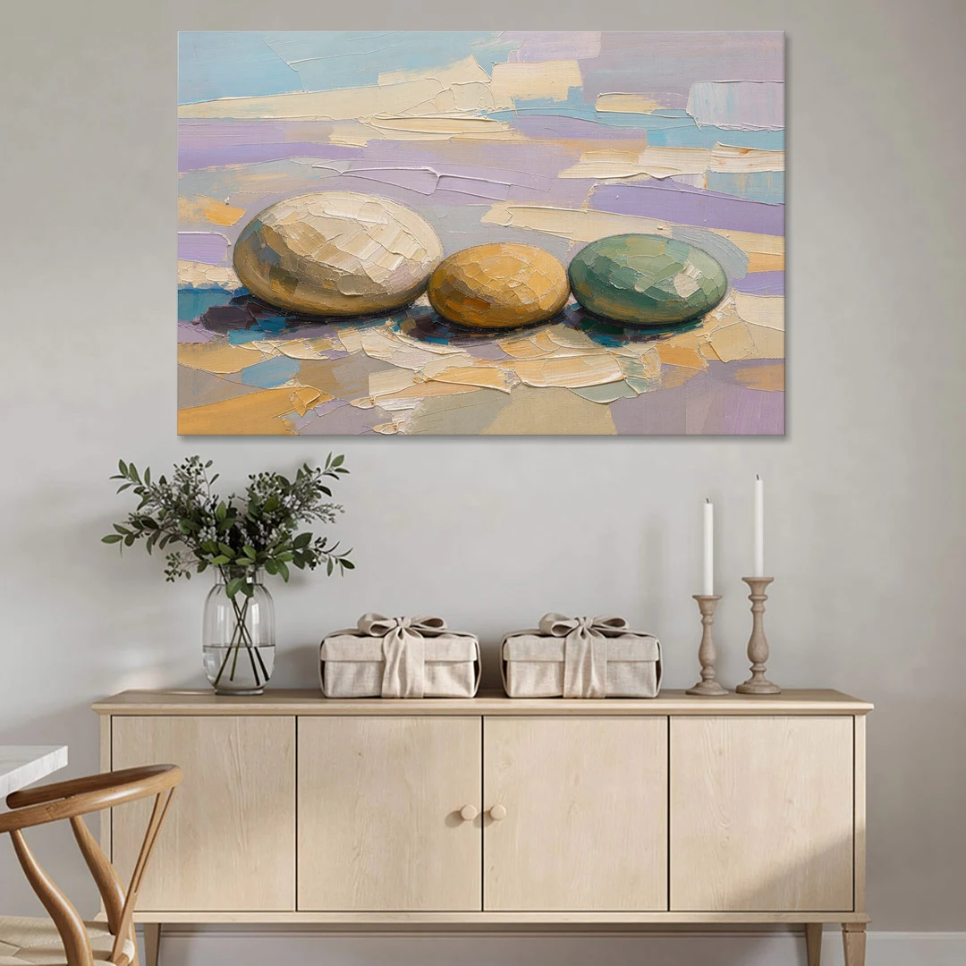 Boho Neutral Pebble Trio in Ivory, Ochre and Sage - Canvas Wall Art - Coffee Table - 60x40