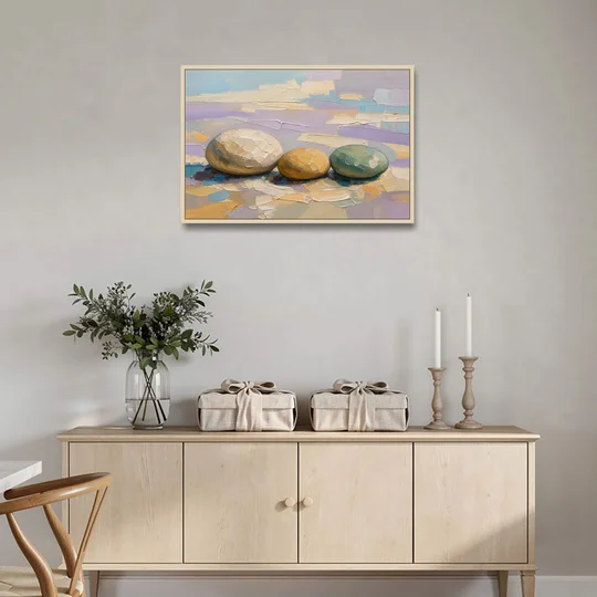 Boho Neutral Pebble Trio in Ivory, Ochre and Sage - Oak Framed Canvas Wall Art - Coffee Table - 36x24