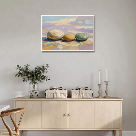 Boho Neutral Pebble Trio in Ivory, Ochre and Sage - White Framed Canvas Wall Art - Coffee Table - 36x24